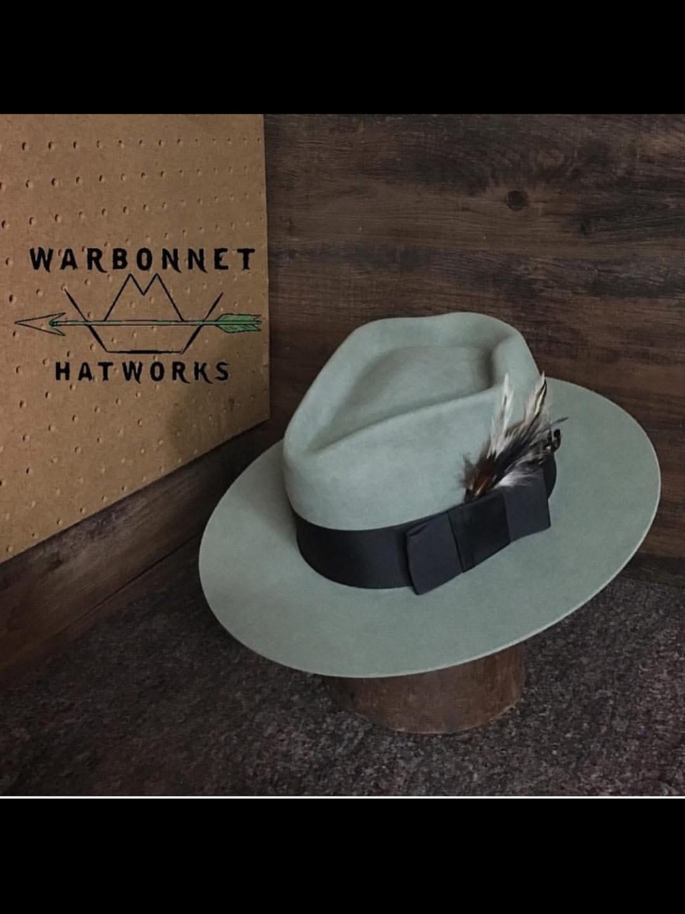 Green Wide-Brim custom felt hat with Feather Trim